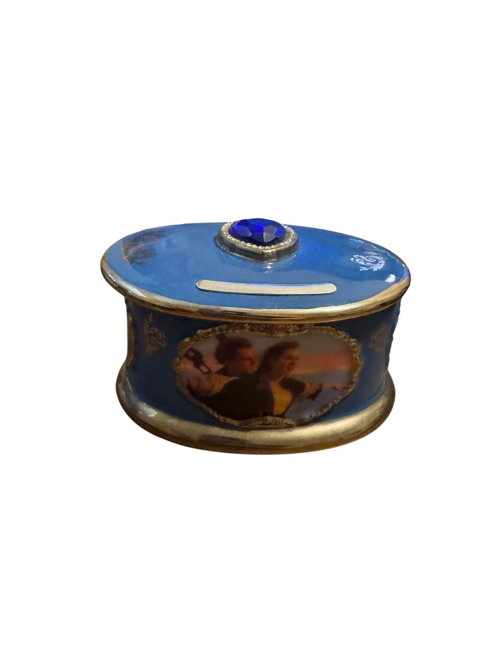 Titanic  Blue Oval Porcelain Music  Box- "My Heart Will Go On"